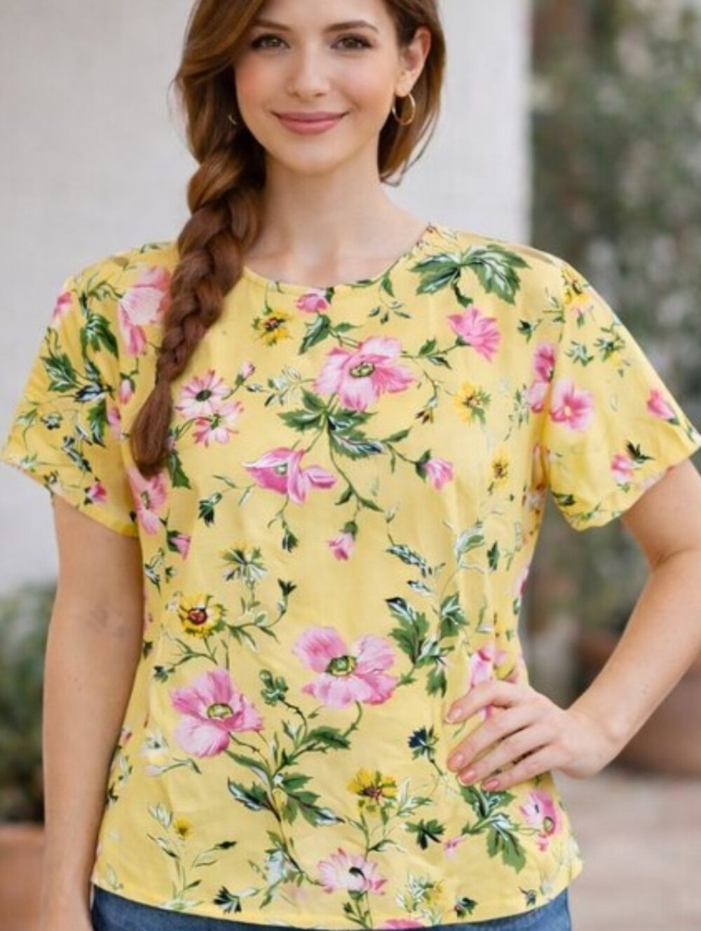 Vintage 80s Yellow Floral 100% Cotton Romantic Top Cottagecore Coquette Size 12